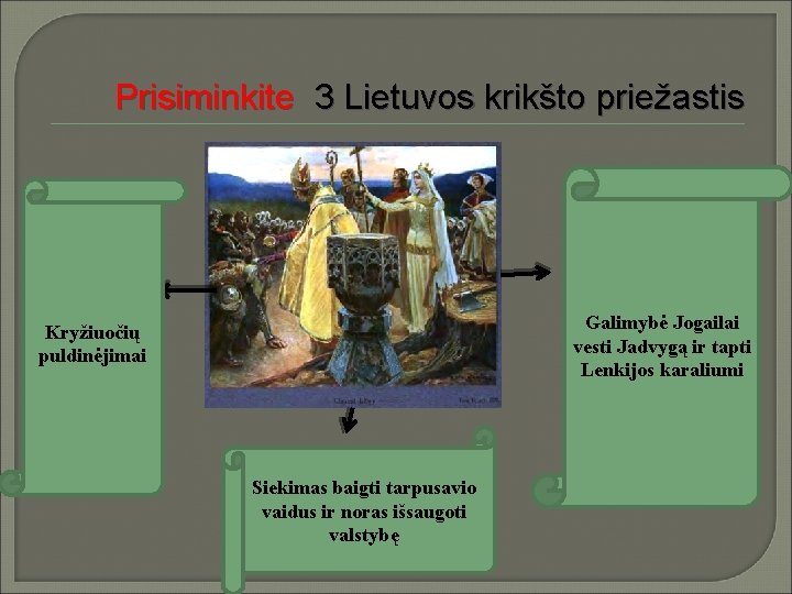 Prisiminkite 3 Lietuvos krikšto priežastis Galimybė Jogailai vesti Jadvygą ir tapti Lenkijos karaliumi Kryžiuočių