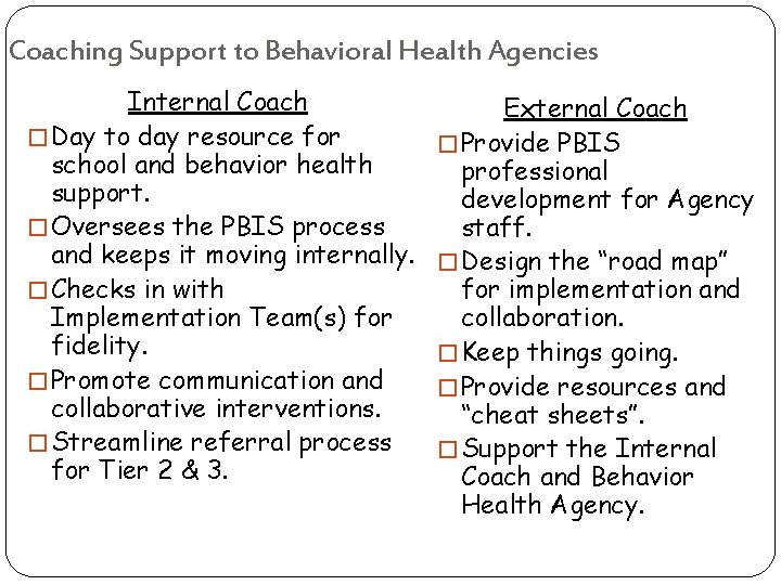 Coaching Support to Behavioral Health Agencies Internal Coach � Day to day resource for Coaching Support to Behavioral Health Agencies Internal Coach � Day to day resource for