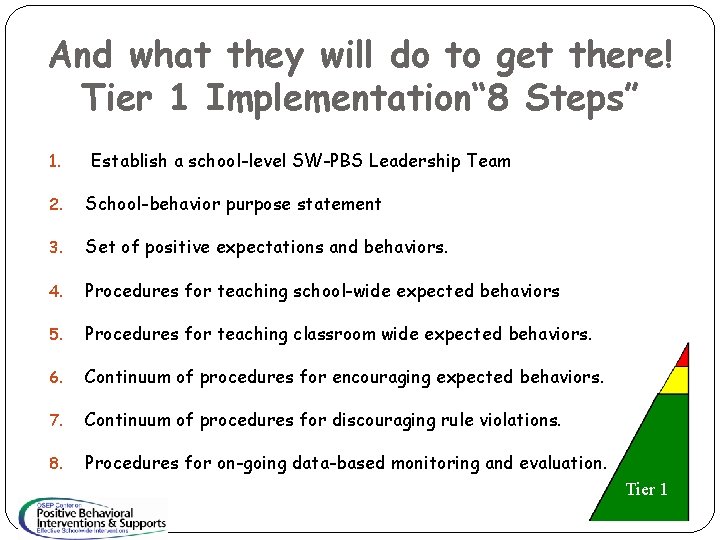 And what they will do to get there! Tier 1 Implementation“ 8 Steps” 1. And what they will do to get there! Tier 1 Implementation“ 8 Steps” 1.