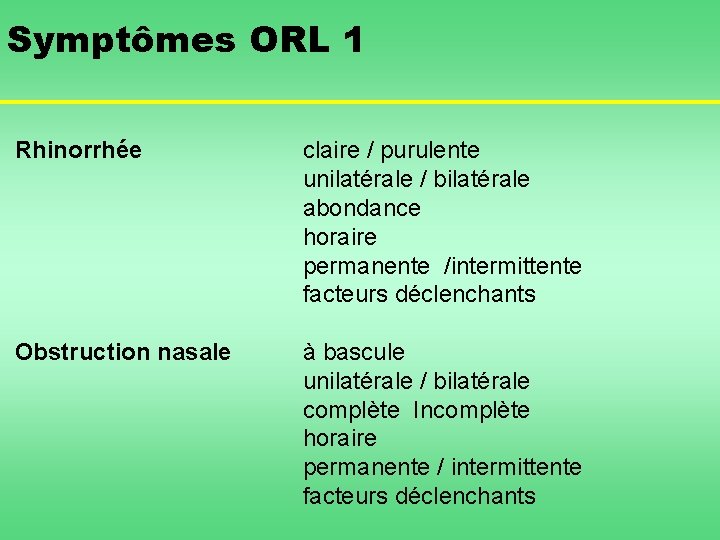 Symptômes ORL 1 Rhinorrhée claire / purulente unilatérale / bilatérale abondance horaire permanente /intermittente