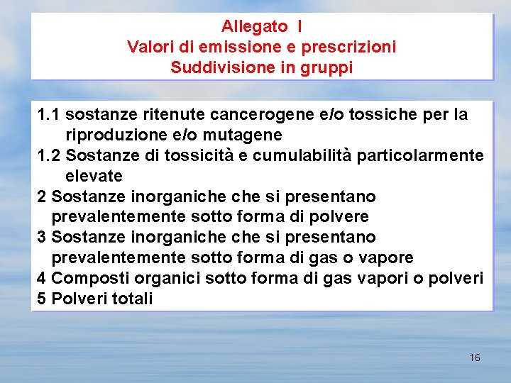 Allegato I Valori di emissione e prescrizioni Suddivisione in gruppi 1. 1 sostanze ritenute