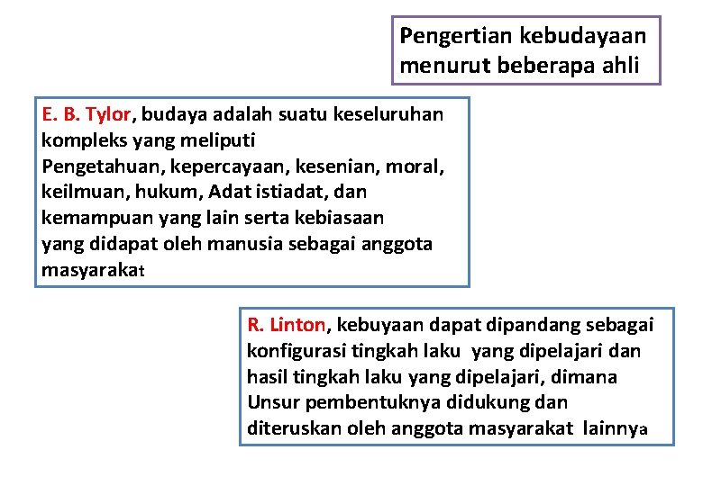 Pengertian kebudayaan menurut beberapa ahli E. B. Tylor, budaya adalah suatu keseluruhan kompleks yang