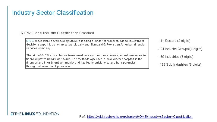 Industry Sector Classification GICS: Global Industry Classification Standard GICS codes were developed by MSCI,