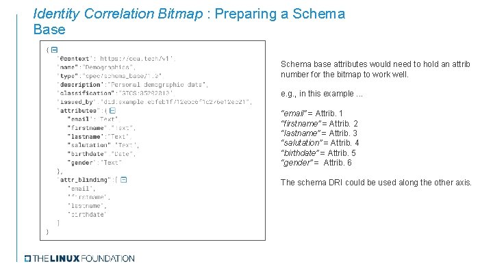 Identity Correlation Bitmap : Preparing a Schema Base Schema base attributes would need to