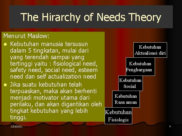 The Hirarchy of Needs Theory Menurut Maslow: l Kebutuhan manusia tersusun Kebutuhan dalam 5