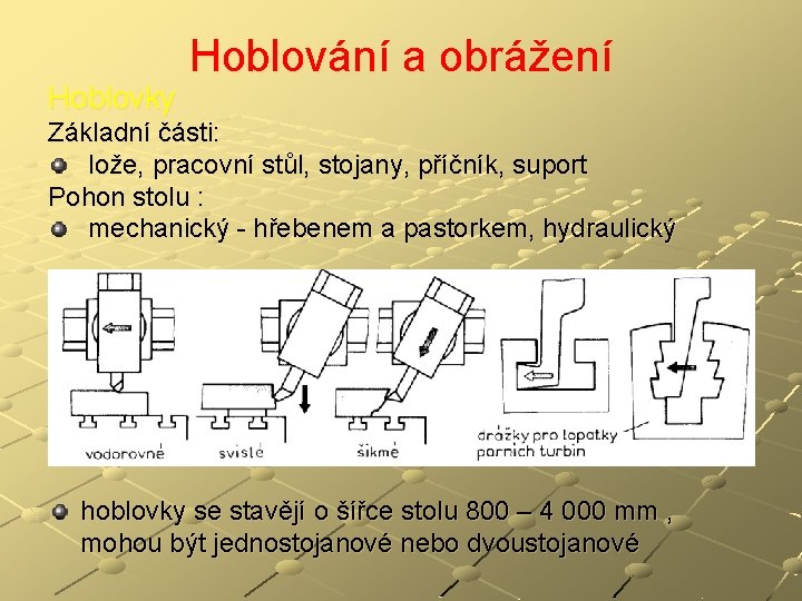 Hoblovky Hoblování a obrážení Základní části: lože, pracovní stůl, stojany, příčník, suport Pohon stolu