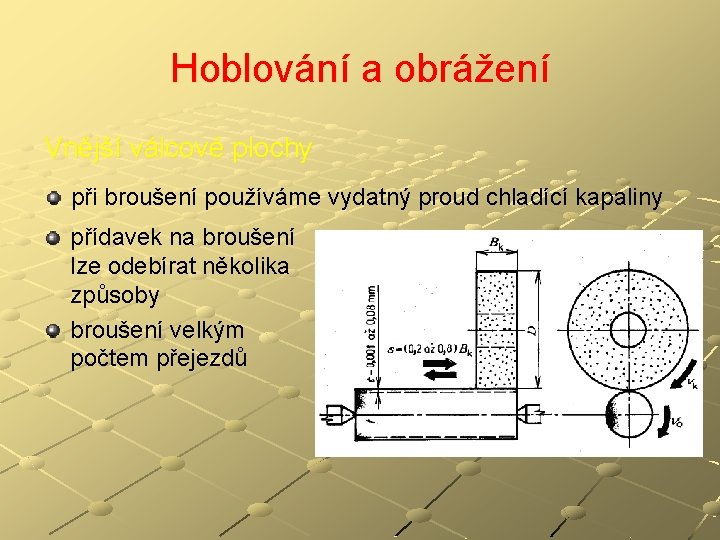 Hoblování a obrážení Vnější válcové plochy při broušení používáme vydatný proud chladící kapaliny přídavek