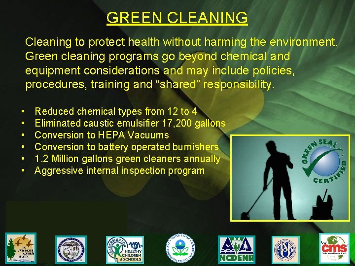 GREEN CLEANING Cleaning to protect health without harming the environment. Green cleaning programs go