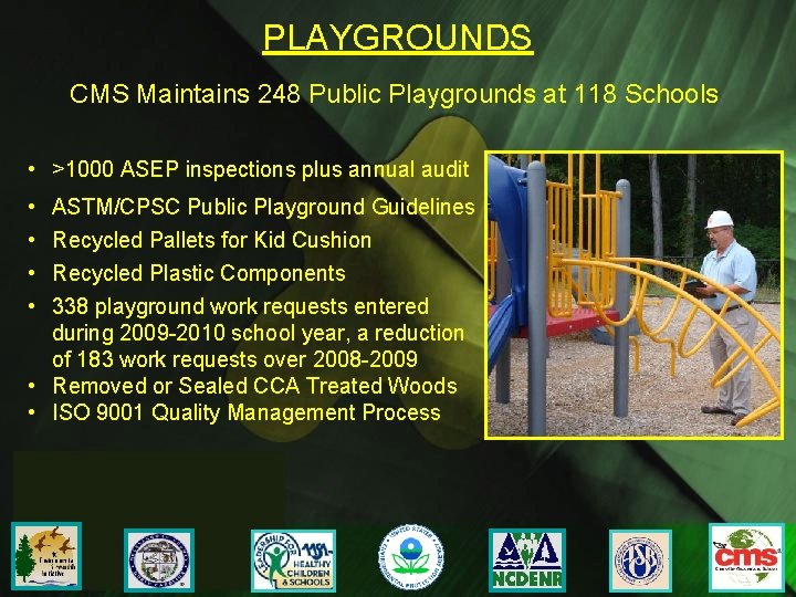 PLAYGROUNDS CMS Maintains 248 Public Playgrounds at 118 Schools • >1000 ASEP inspections plus