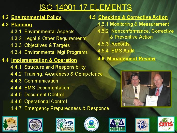 ISO 14001 17 ELEMENTS 4. 2 Environmental Policy 4. 5 4. 3 Planning 4.
