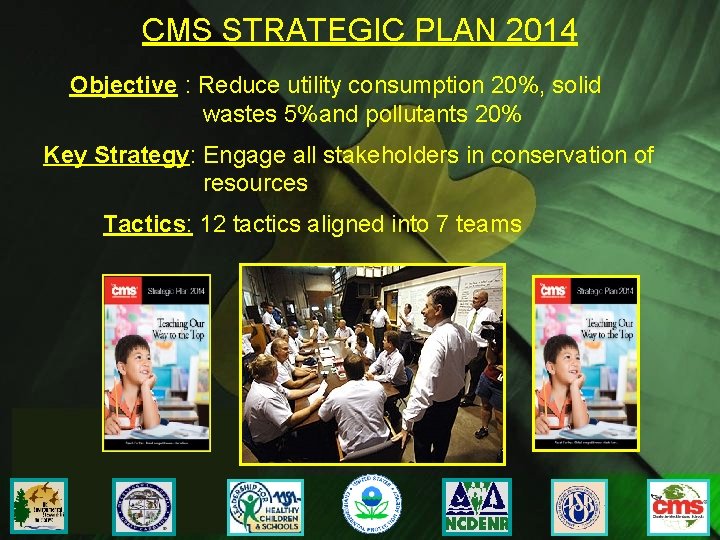 CMS STRATEGIC PLAN 2014 Objective : Reduce utility consumption 20%, solid wastes 5%and pollutants