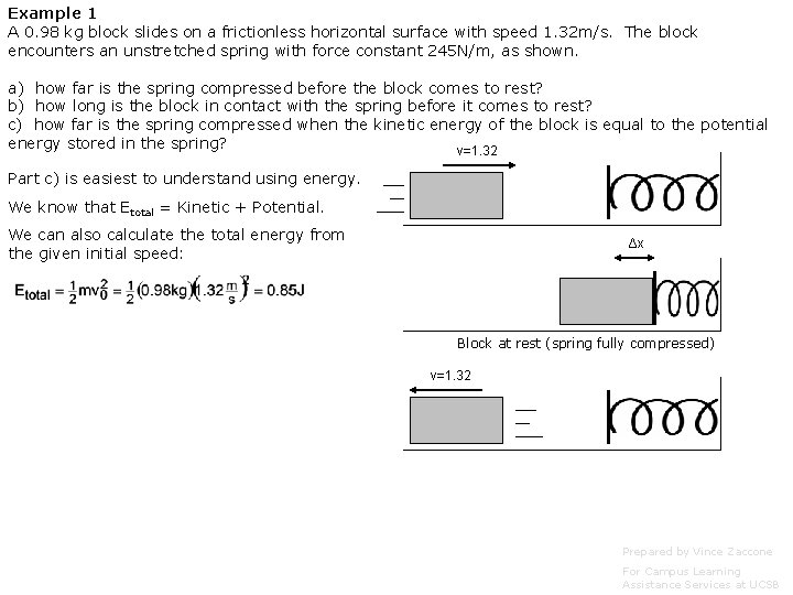 Example 1 A 0. 98 kg block slides on a frictionless horizontal surface with