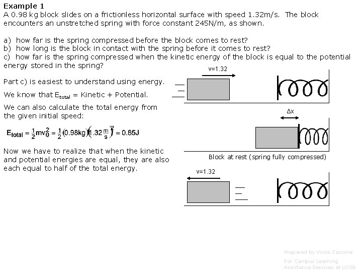 Example 1 A 0. 98 kg block slides on a frictionless horizontal surface with