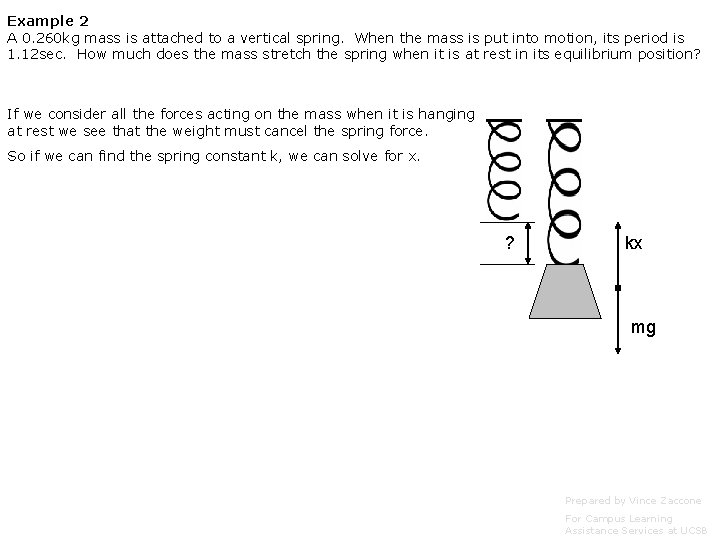 Example 2 A 0. 260 kg mass is attached to a vertical spring. When