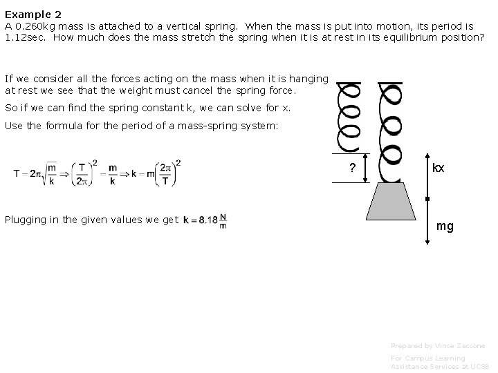 Example 2 A 0. 260 kg mass is attached to a vertical spring. When