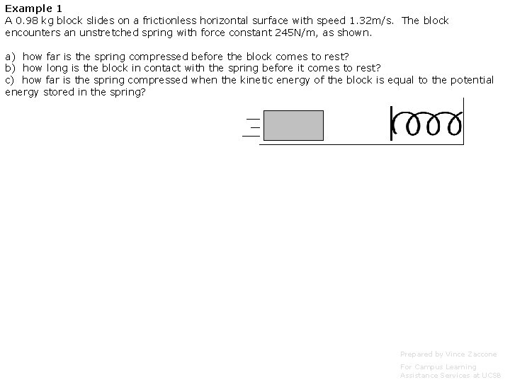 Example 1 A 0. 98 kg block slides on a frictionless horizontal surface with