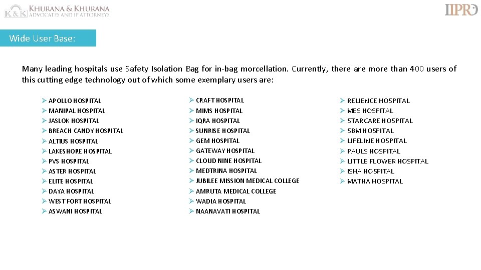 Wide User Base: Many leading hospitals use Safety Isolation Bag for in-bag morcellation. Currently,