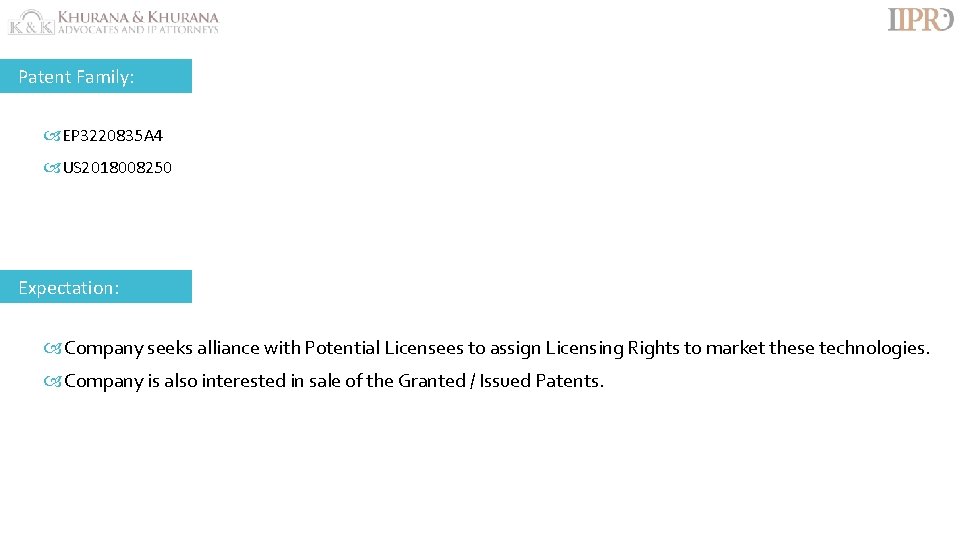 Patent Family: EP 3220835 A 4 US 2018008250 Expectation: Company seeks alliance with Potential