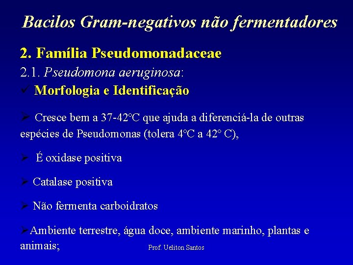 Bacilos Gram-negativos não fermentadores 2. Família Pseudomonadaceae 2. 1. Pseudomona aeruginosa: Morfologia e Identificação
