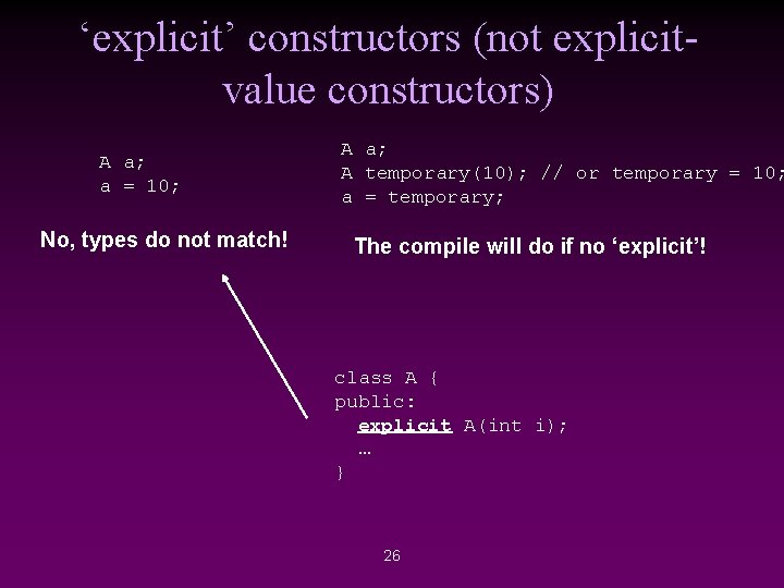 ‘explicit’ constructors (not explicitvalue constructors) A a; a = 10; No, types do not