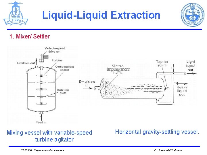 Liquid-Liquid Extraction 1. Mixer/ Settler Mixing vessel with variable-speed turbine agitator Ch. E 334: