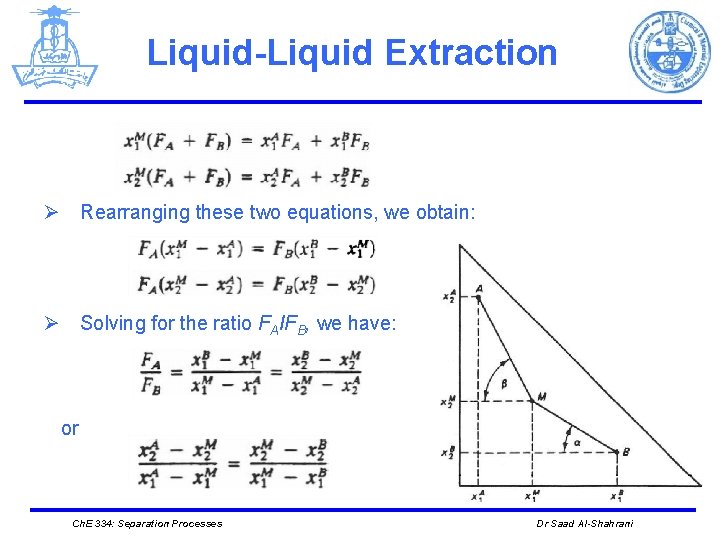 Liquid-Liquid Extraction Ø Rearranging these two equations, we obtain: Ø Solving for the ratio