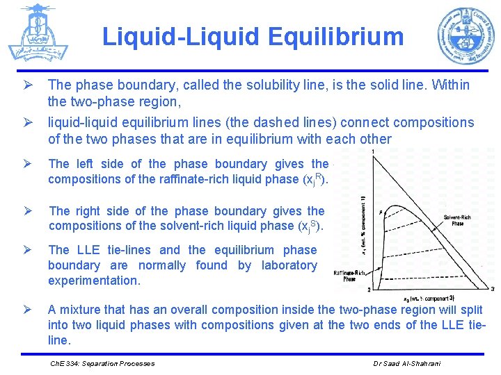 Liquid-Liquid Equilibrium Ø The phase boundary, called the solubility line, is the solid line.