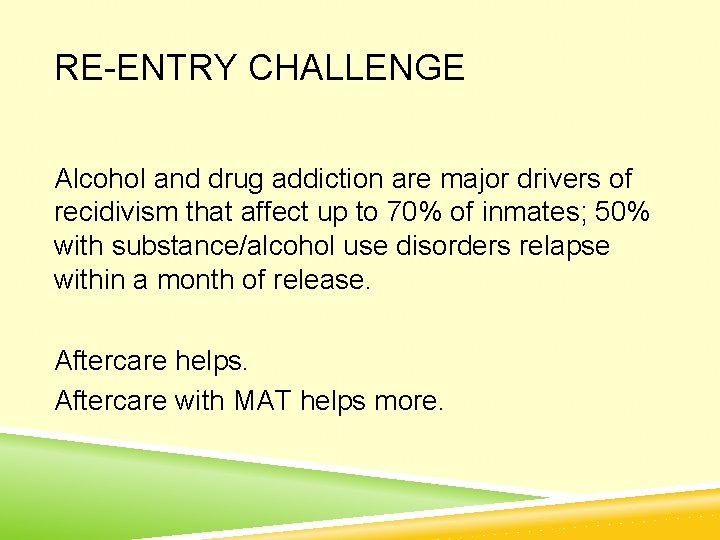 RE-ENTRY CHALLENGE Alcohol and drug addiction are major drivers of recidivism that affect up