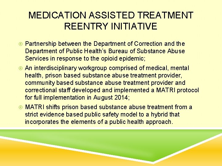 MEDICATION ASSISTED TREATMENT REENTRY INITIATIVE Partnership between the Department of Correction and the Department