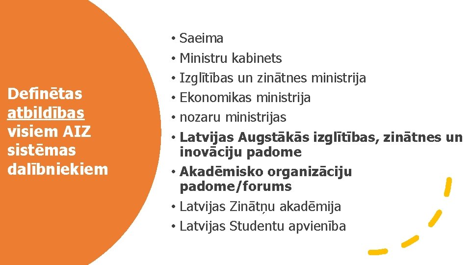 Definētas atbildības visiem AIZ sistēmas dalībniekiem • Saeima • Ministru kabinets • Izglītības un