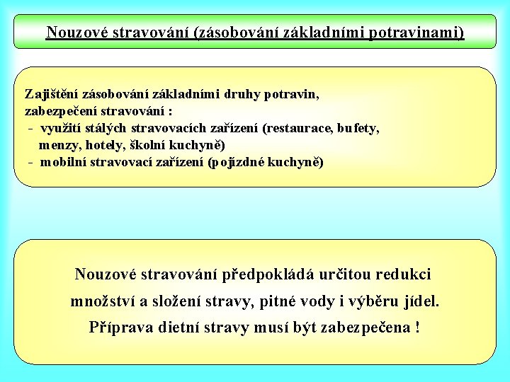 Nouzové stravování (zásobování základními potravinami) Zajištění zásobování základními druhy potravin, zabezpečení stravování : -