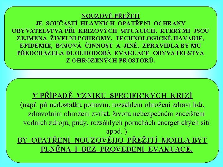 NOUZOVÉ PŘEŽITÍ JE SOUČÁSTÍ HLAVNÍCH OPATŘENÍ OCHRANY OBYVATELSTVA PŘI KRIZOVÝCH SITUACÍCH, KTERÝMI JSOU ZEJMÉNA