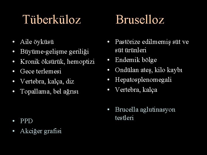 Tüberküloz • • • Aile öyküsü Büyüme-gelişme geriliği Kronik öksürük, hemoptizi Gece terlemesi Vertebra,