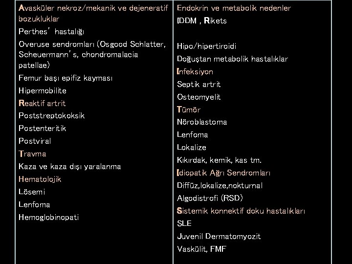 Avasküler nekroz/mekanik ve dejeneratif bozukluklar Perthes’ hastalığı Overuse sendromları (Osgood Schlatter, Scheuermann’s, chondromalacia patellae)