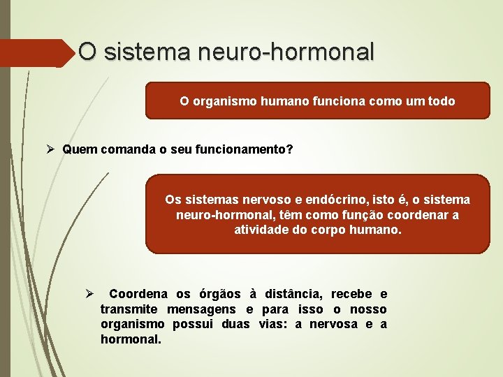 O sistema neuro-hormonal O organismo humano funciona como um todo Ø Quem comanda o