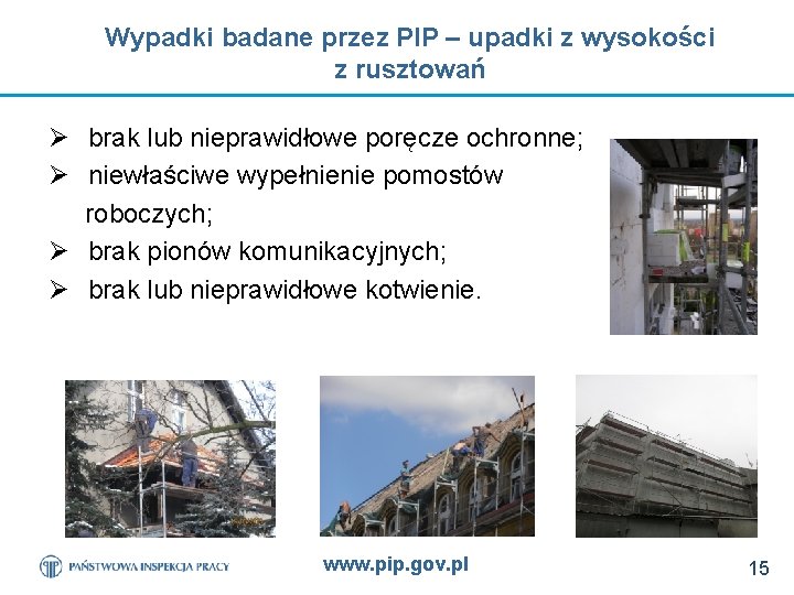 Wypadki badane przez PIP – upadki z wysokości z rusztowań Ø brak lub nieprawidłowe