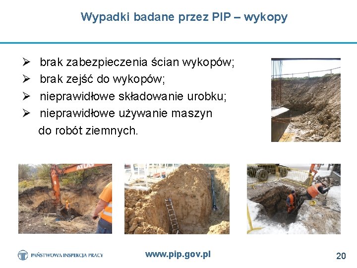 Wypadki badane przez PIP – wykopy Ø Ø brak zabezpieczenia ścian wykopów; brak zejść