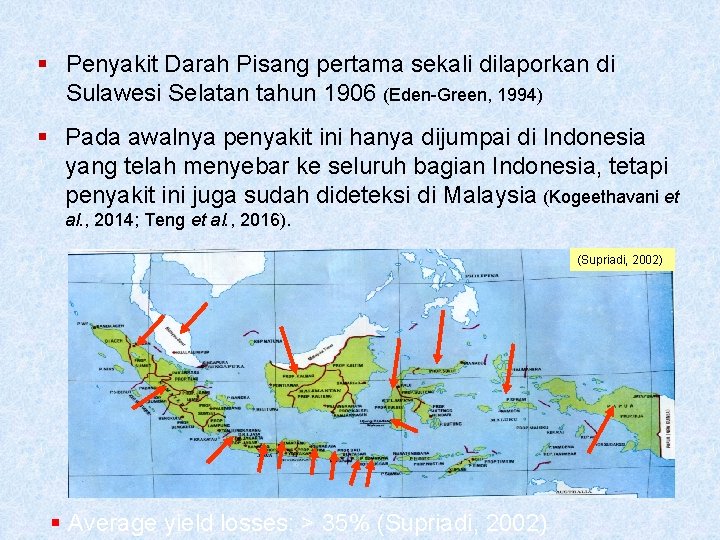 § Penyakit Darah Pisang pertama sekali dilaporkan di Sulawesi Selatan tahun 1906 (Eden-Green, 1994)