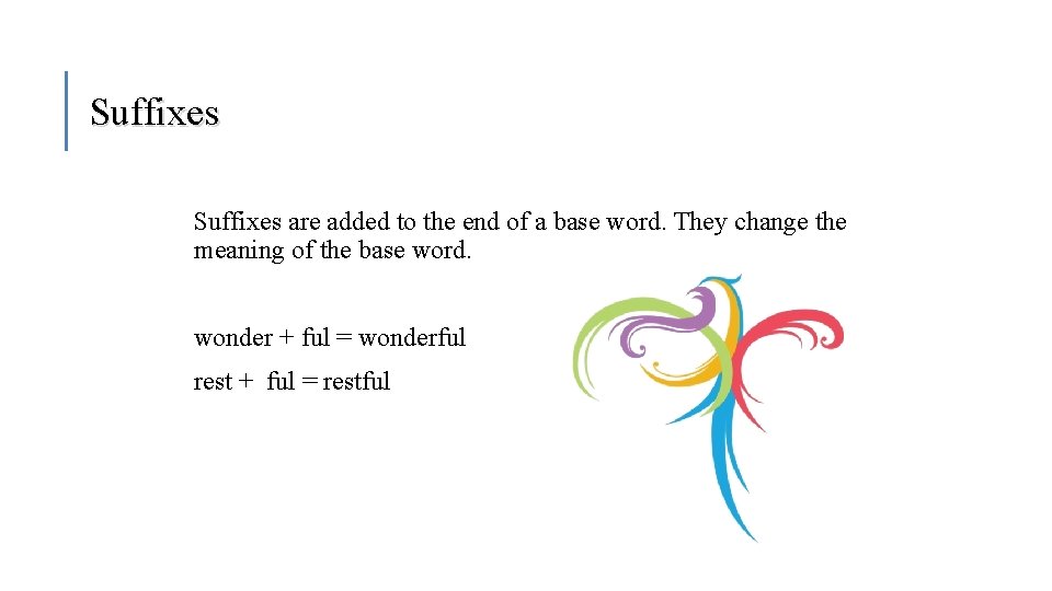 Suffixes are added to the end of a base word. They change the meaning