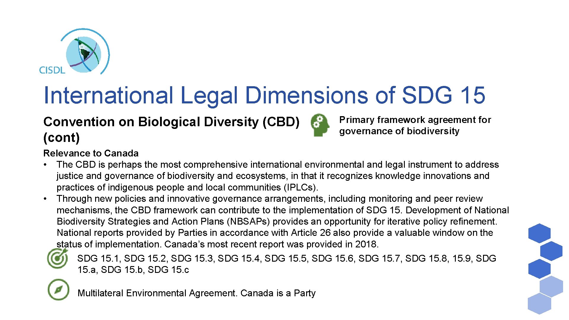 International Legal Dimensions of SDG 15 Convention on Biological Diversity (CBD) (cont) Primary framework