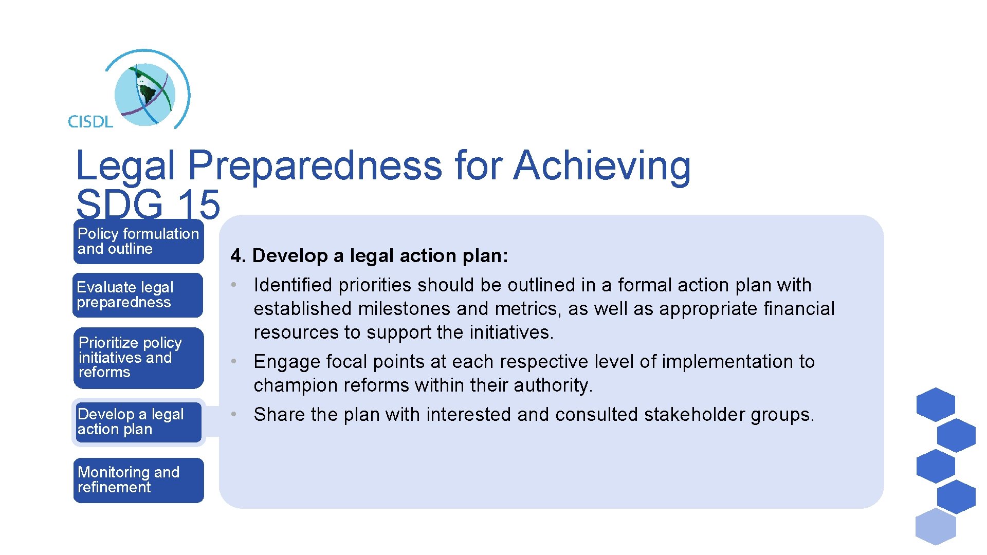 Legal Preparedness for Achieving SDG 15 Policy formulation and outline Evaluate legal preparedness Prioritize