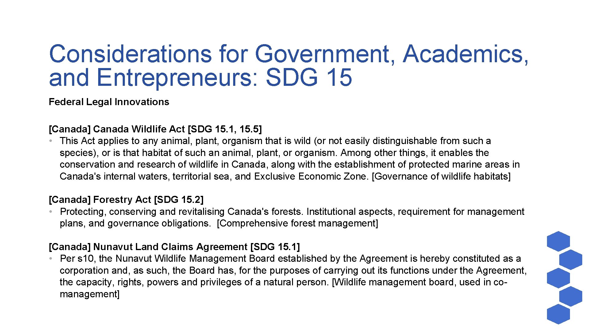 Considerations for Government, Academics, and Entrepreneurs: SDG 15 Federal Legal Innovations [Canada] Canada Wildlife