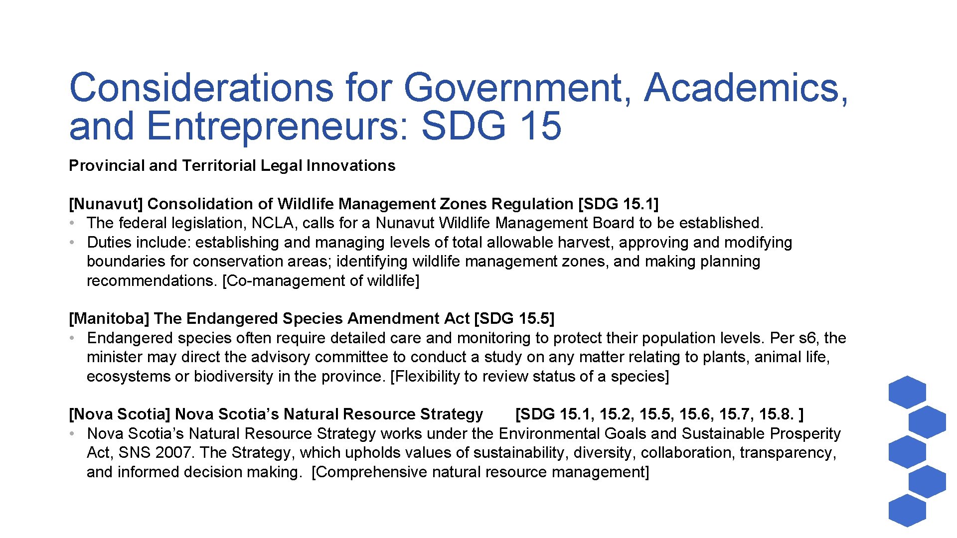 Considerations for Government, Academics, and Entrepreneurs: SDG 15 Provincial and Territorial Legal Innovations [Nunavut]