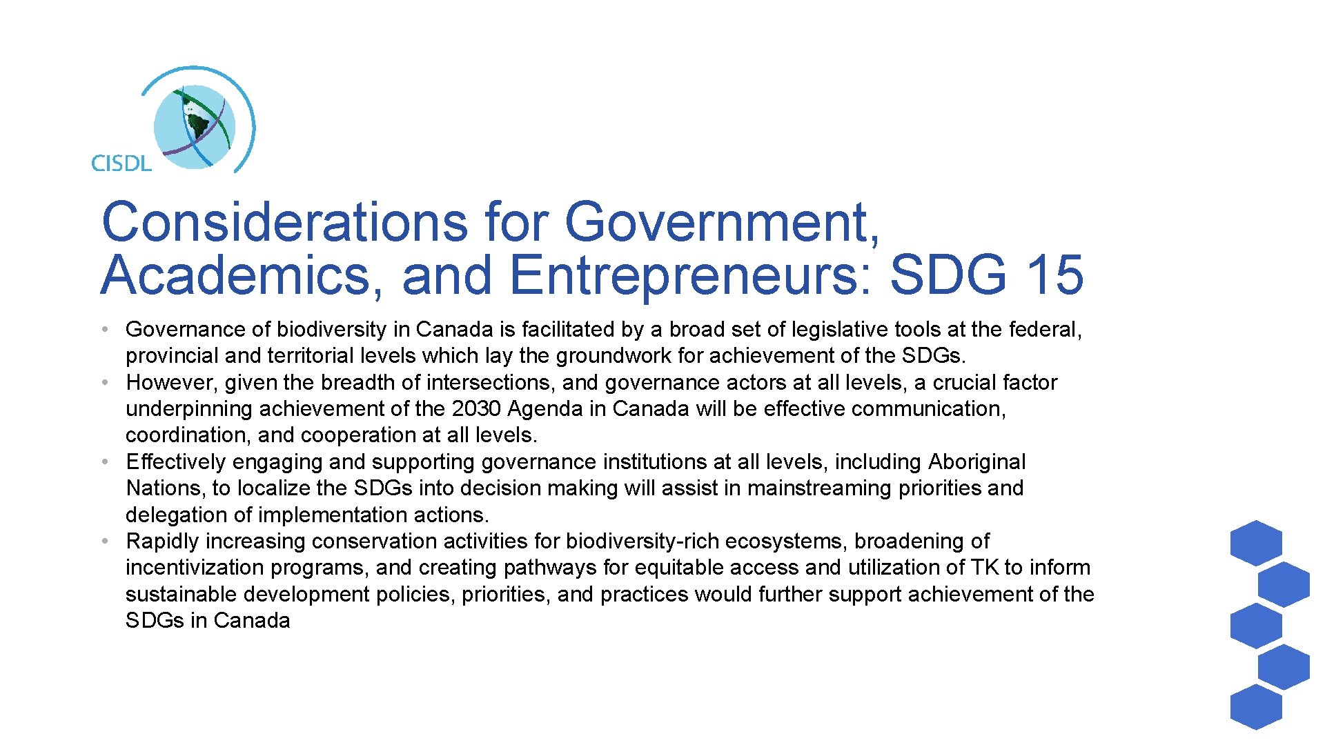 Considerations for Government, Academics, and Entrepreneurs: SDG 15 • Governance of biodiversity in Canada