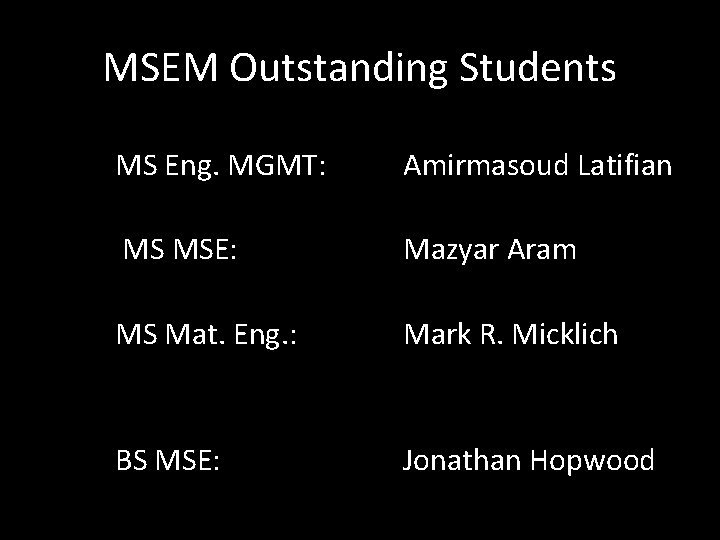 MSEM Outstanding Students MS Eng. MGMT: Amirmasoud Latifian MS MSE: Mazyar Aram MS Mat.