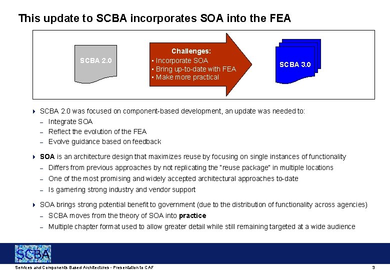 This update to SCBA incorporates SOA into the FEA SCBA 2. 0 Challenges: •