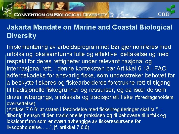 Jakarta Mandate on Marine and Coastal Biological Diversity Implementering av arbeidsprogrammet bør gjennomføres med