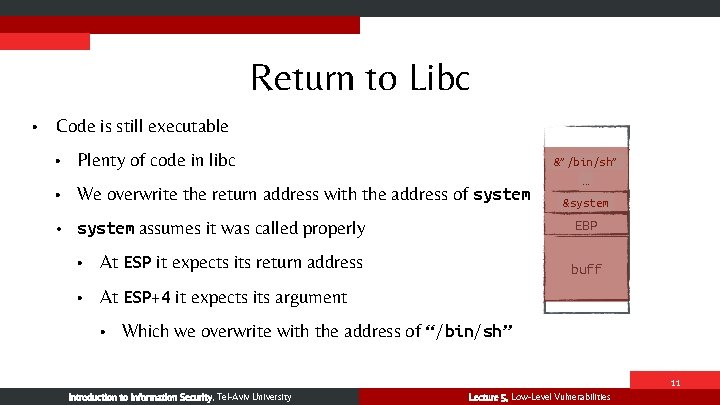 Return to Libc • Code is still executable • Plenty of code in libc