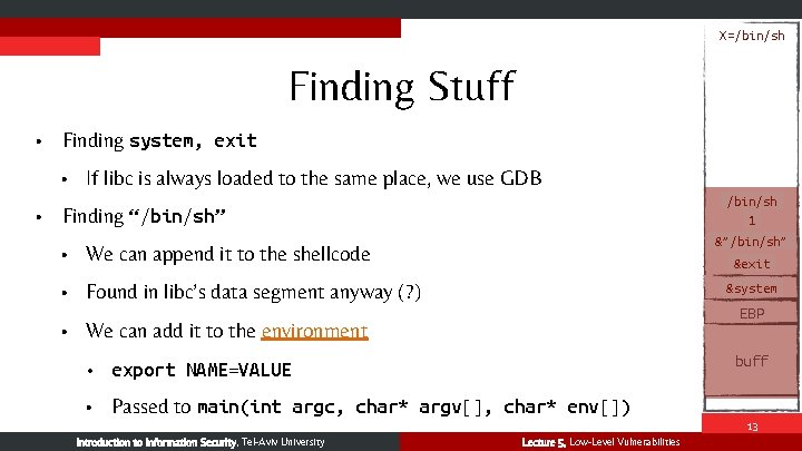 X=/bin/sh Finding Stuff • Finding system, exit • • If libc is always loaded