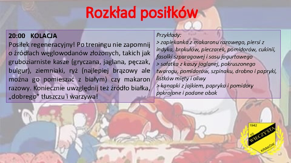 Rozkład posiłków 20: 00 KOLACJA Posiłek regeneracyjny! Po treningu nie zapomnij o źródłach węglowodanów